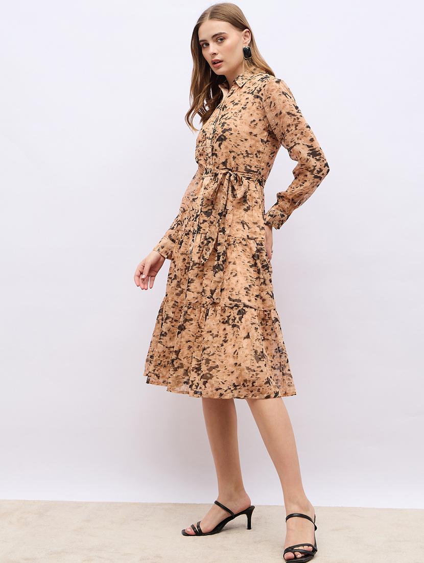 women beige abstract printed long sleeve tiered dress - 21703983 -  Standard Image - 1
