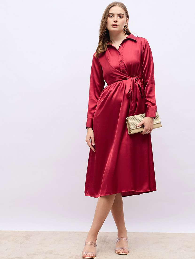 women red solid long sleeve wrap dress
