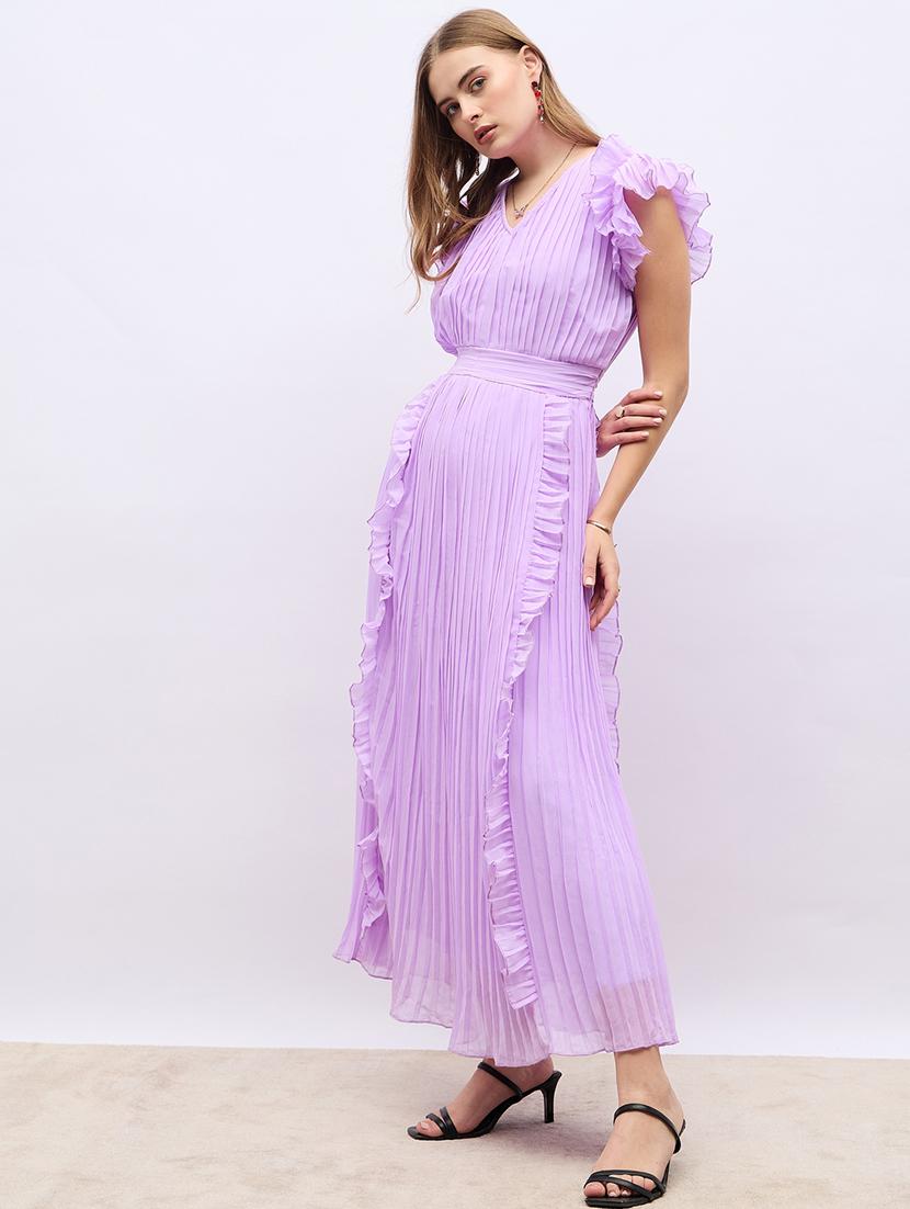 women lavender solid v neck a-line dress - 21703987 -  Standard Image - 1