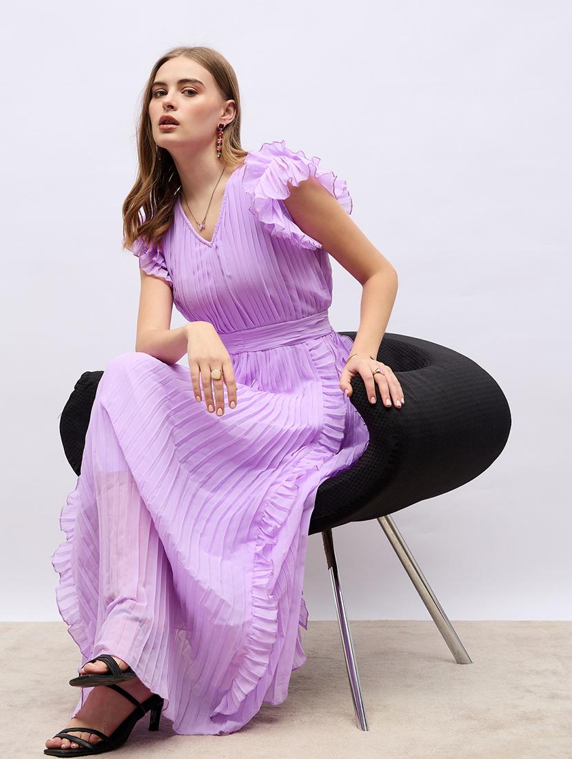 women lavender solid v neck a-line dress - 21703987 - Standard Image - 4