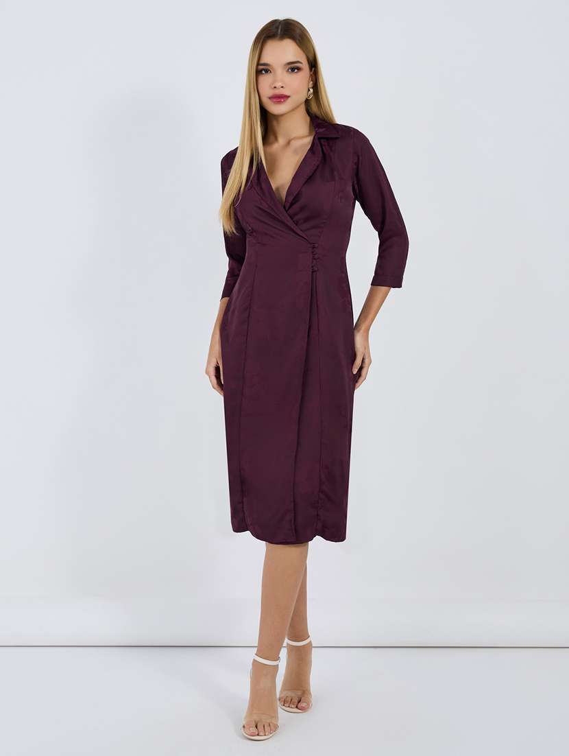 women purple solid lapel collar neck wrap dress