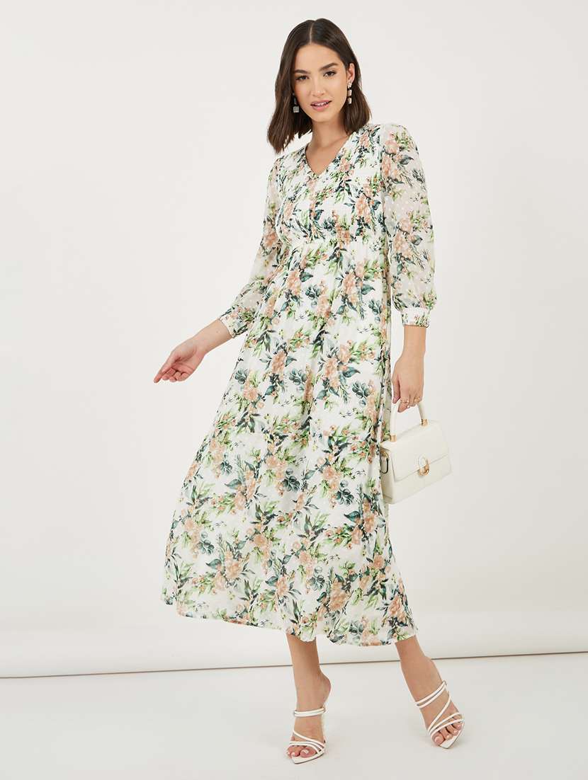 women floral printed v neck tiered dress