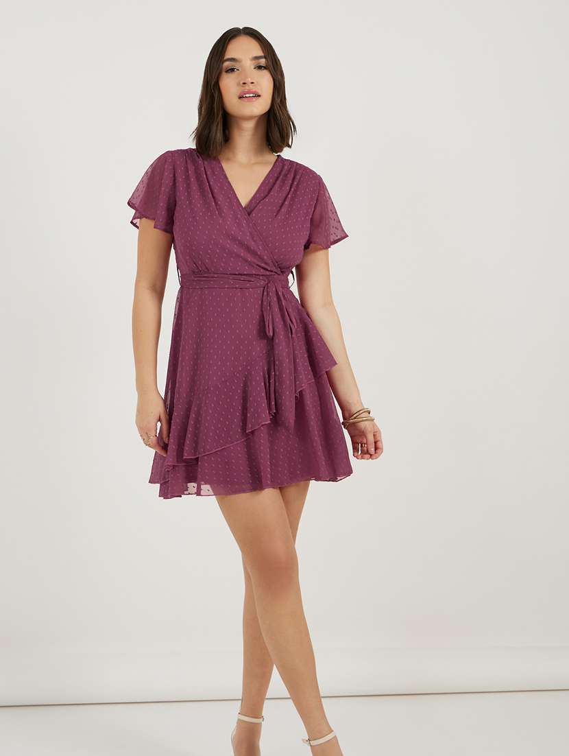 women self design overlap neck wrap dress - 21703997 -  Standard Image - 1
