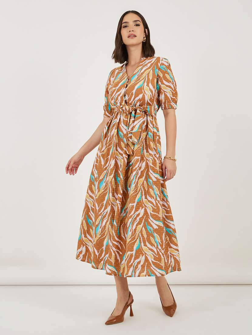 women abstract printed puff sleeve a-line dress - 21703998 - Zoom Image - 0