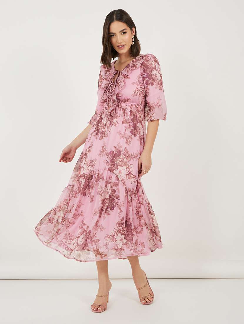 women floral printed tie-up neck tiered dress