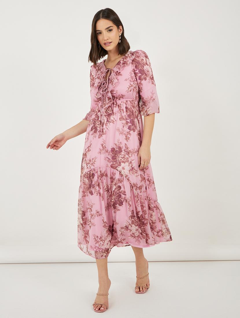 women floral printed tie-up neck tiered dress - 21703999 -  Standard Image - 1