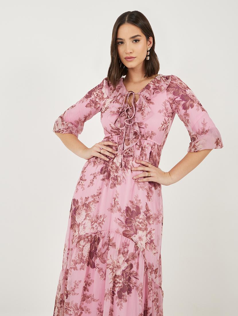women floral printed tie-up neck tiered dress - 21703999 - Standard Image - 4