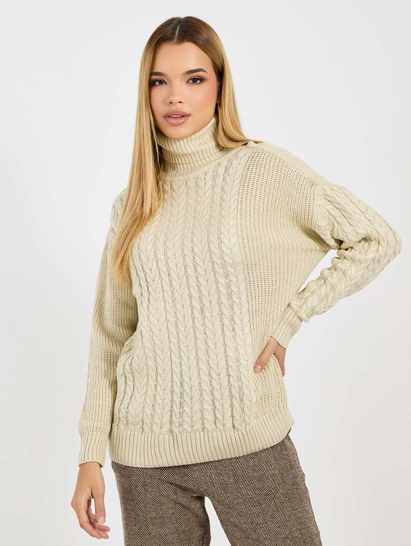 women beige self design long sleeve pullover