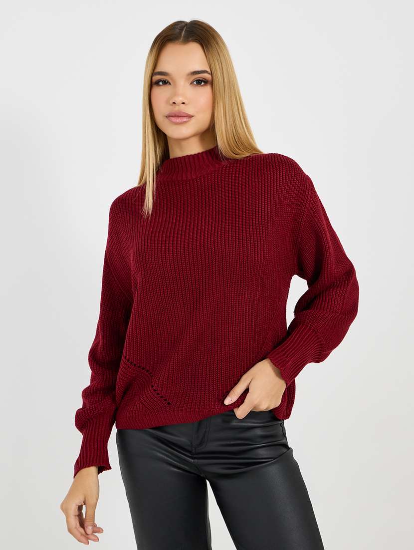 women maroon self design long sleeve pullover
