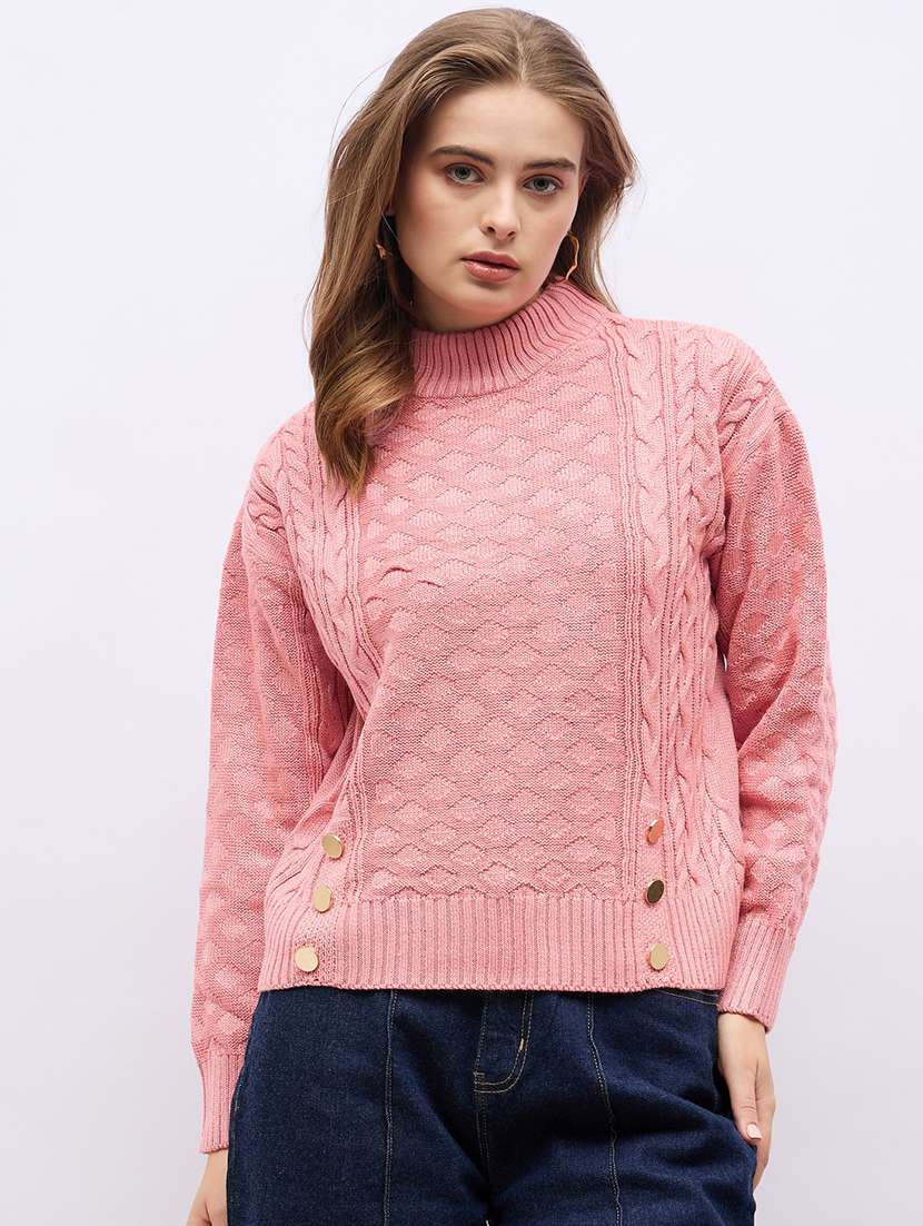 women pink self design long sleeve pullover