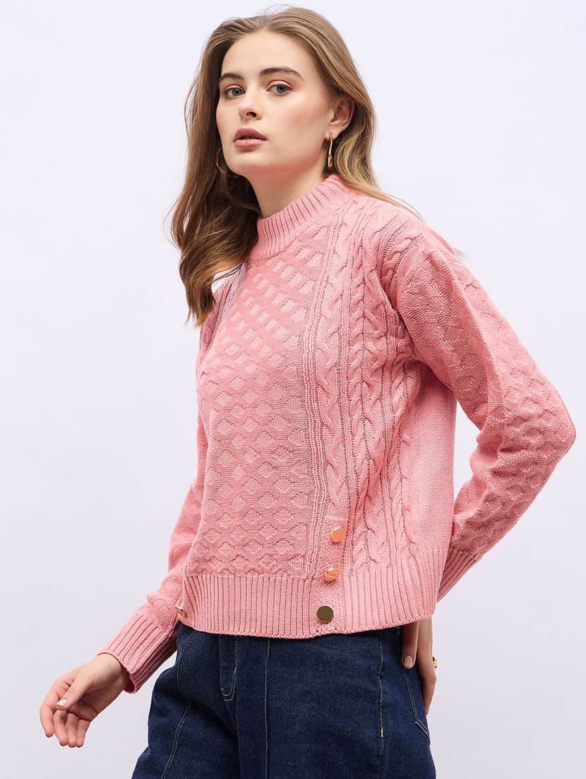 women pink self design long sleeve pullover - 21704008 -  Standard Image - 1