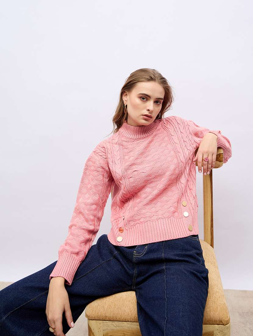 women pink self design long sleeve pullover - 21704008 -  Standard Image - 4