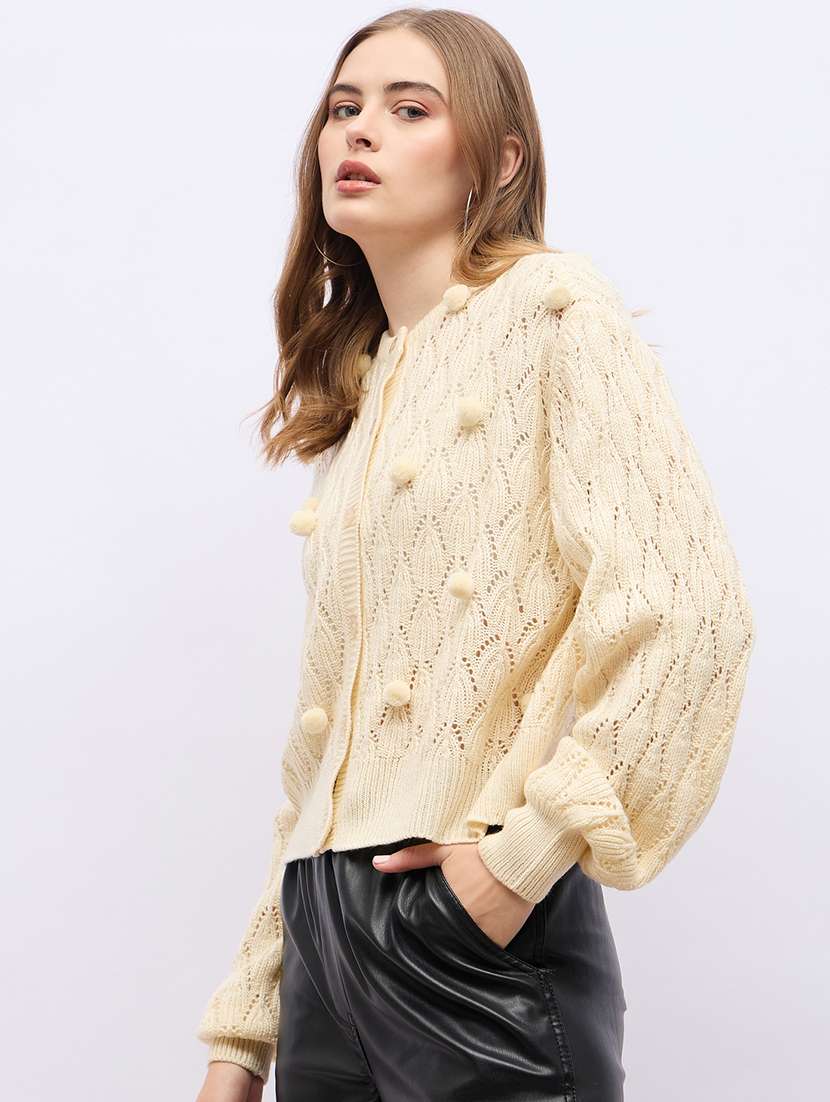 women cream self design long sleeve cardigans - 21704012 -  Standard Image - 1