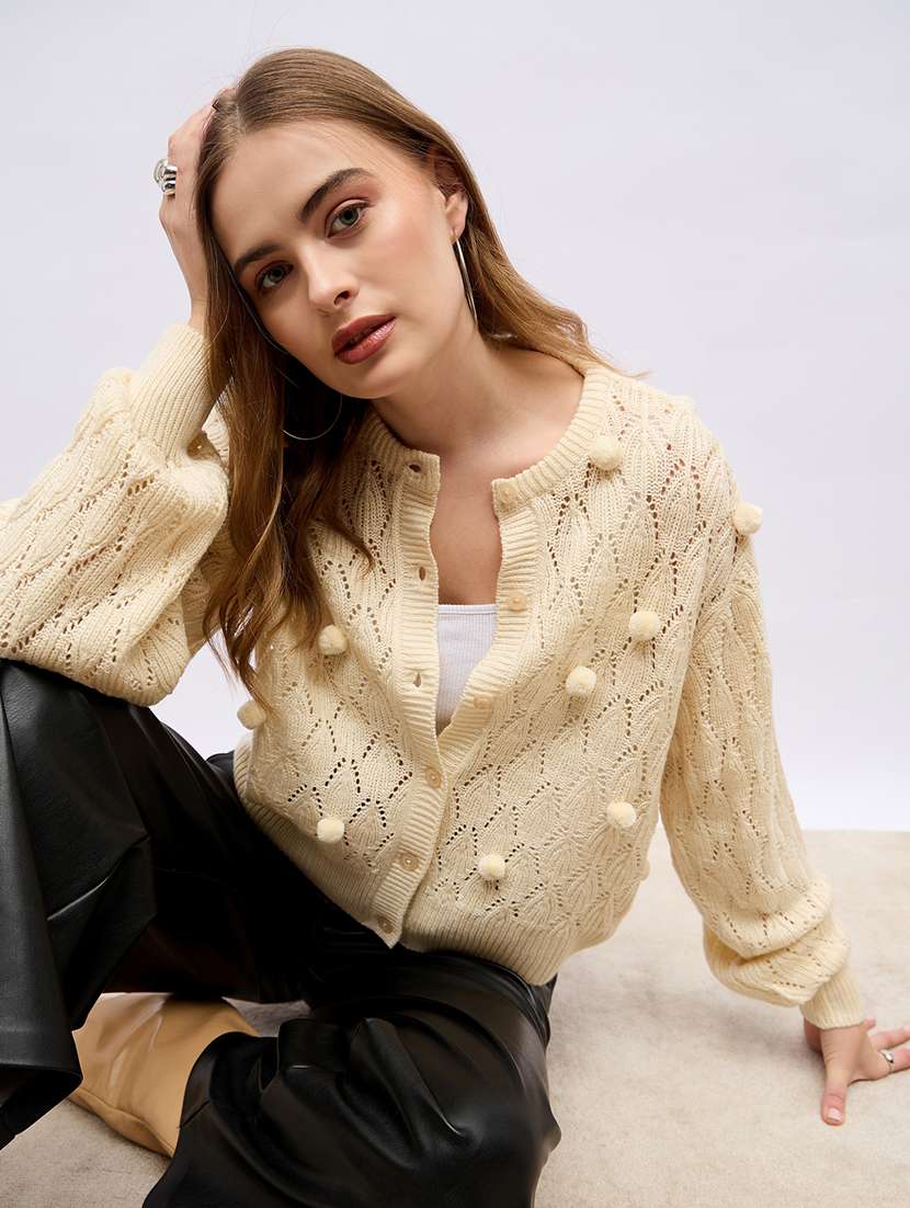 women cream self design long sleeve cardigans - 21704012 -  Standard Image - 4