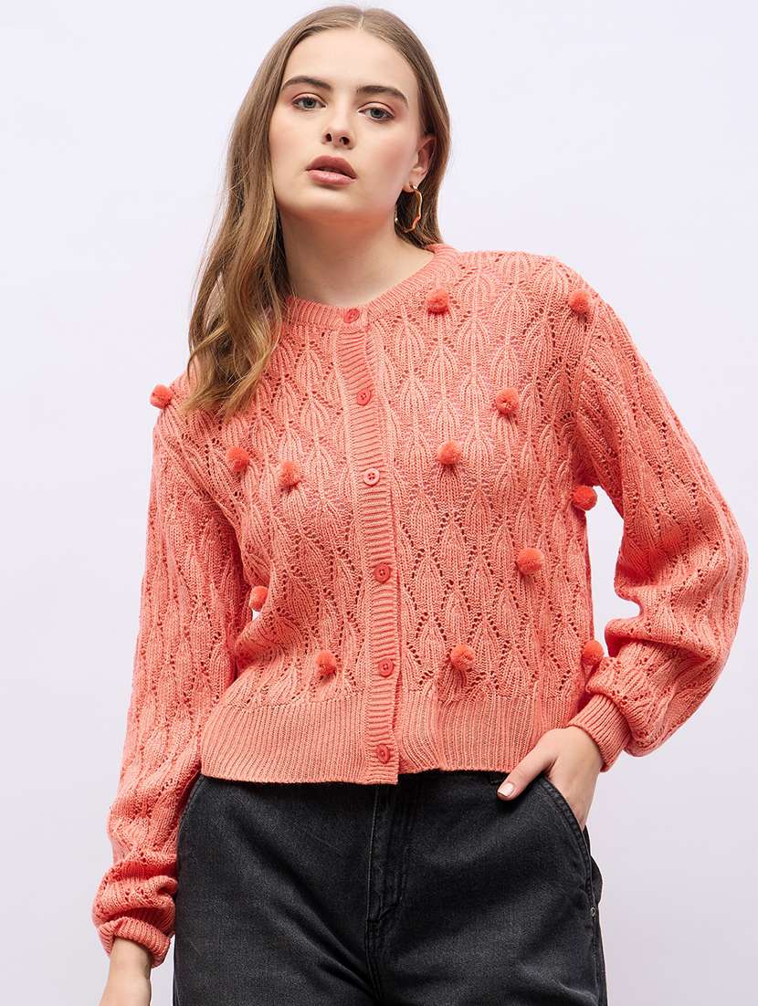 women orange self design long sleeve cardigans