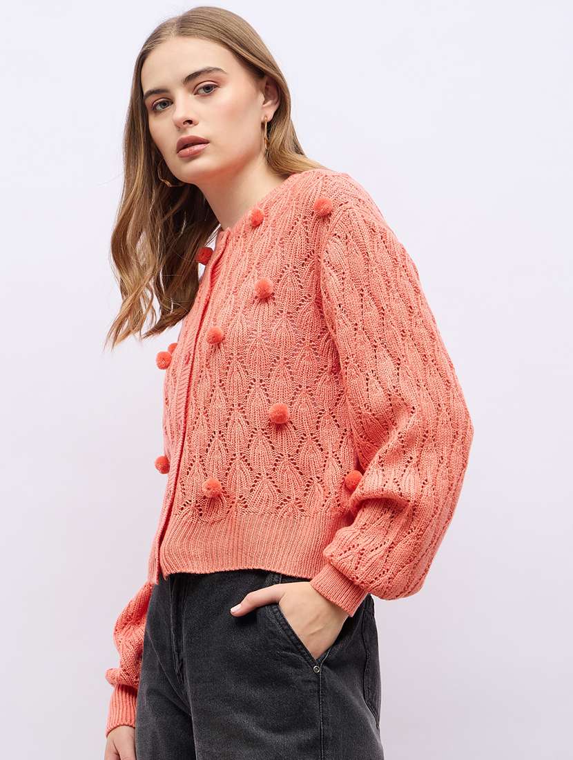 women orange self design long sleeve cardigans - 21704013 - Standard Image - 1