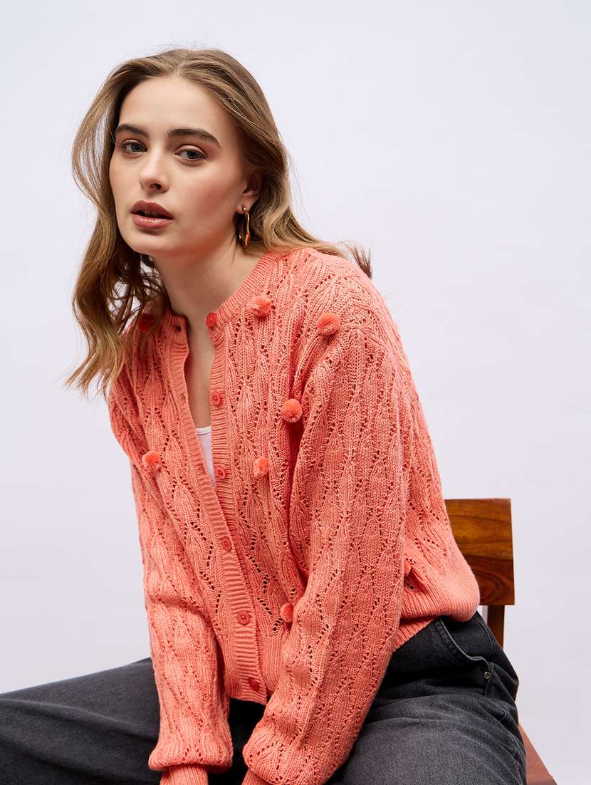 women orange self design long sleeve cardigans - 21704013 - Standard Image - 4