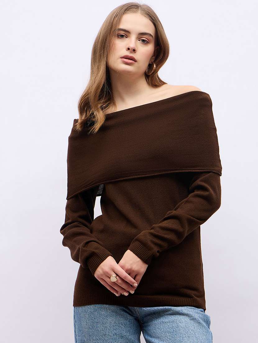 women brown self design long sleeve pullover