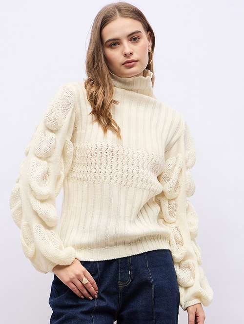 women cream self design long sleeve pullover - 21704016 -  Standard Image - 0