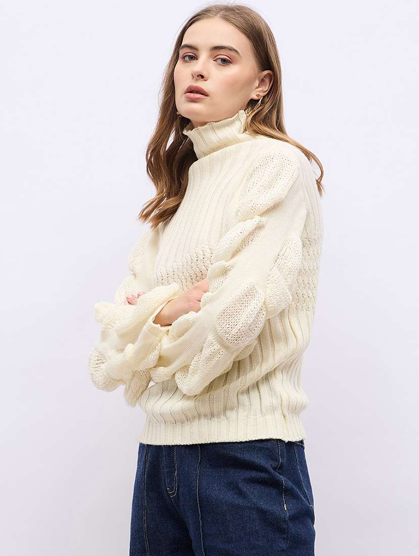 women cream self design long sleeve pullover - 21704016 -  Standard Image - 1