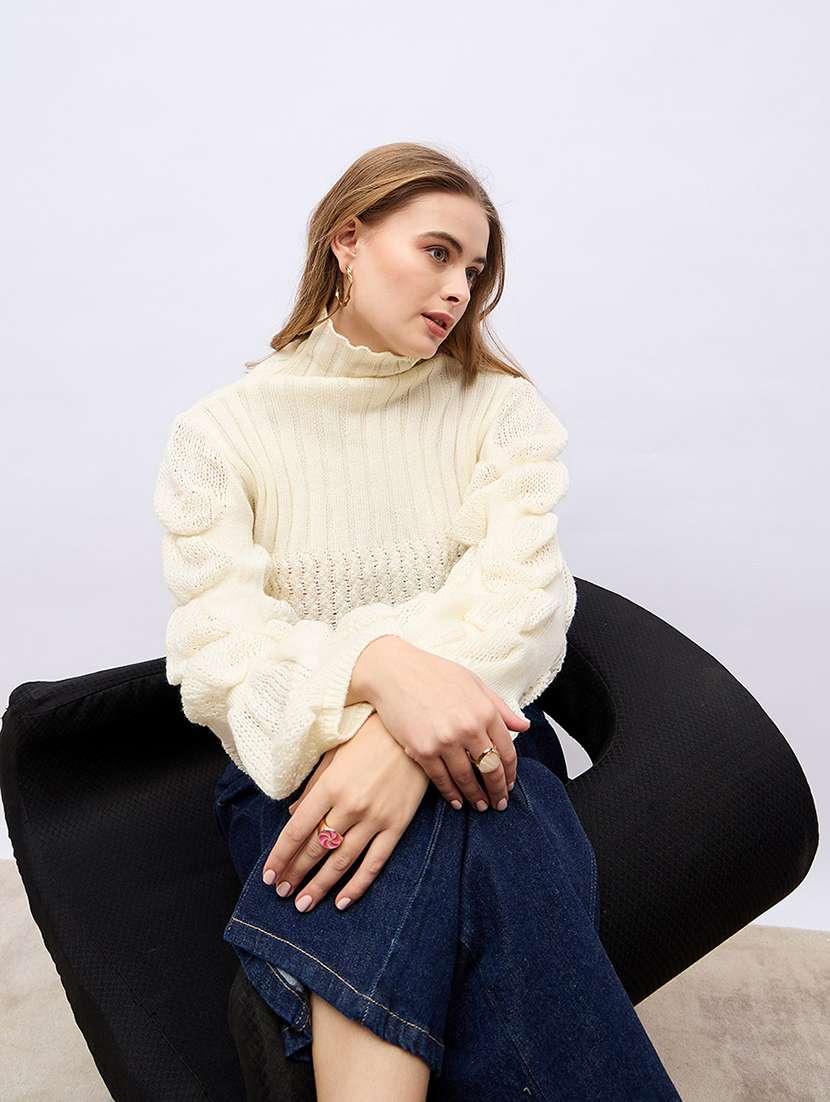 women cream self design long sleeve pullover - 21704016 -  Standard Image - 4