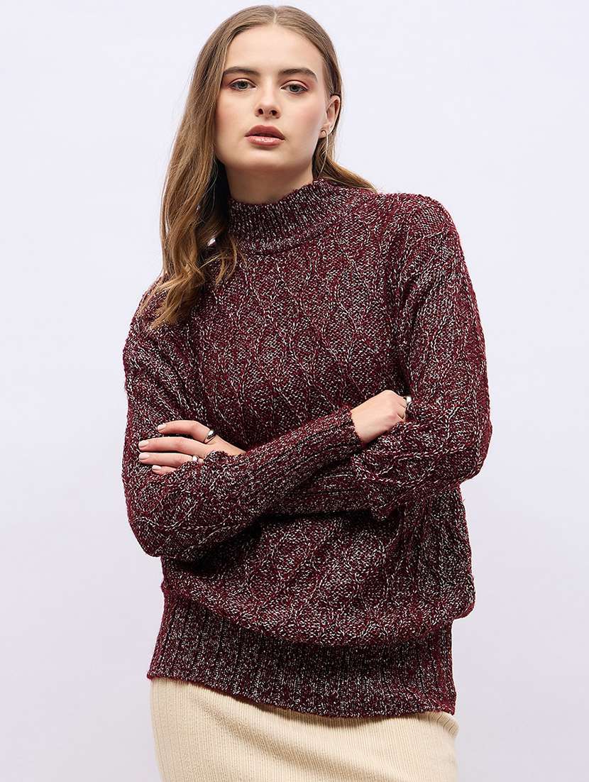 women brown self design long sleeve pullover