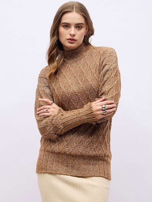 women brown self design long sleeve pullover - 21704018 -  Standard Image - 0