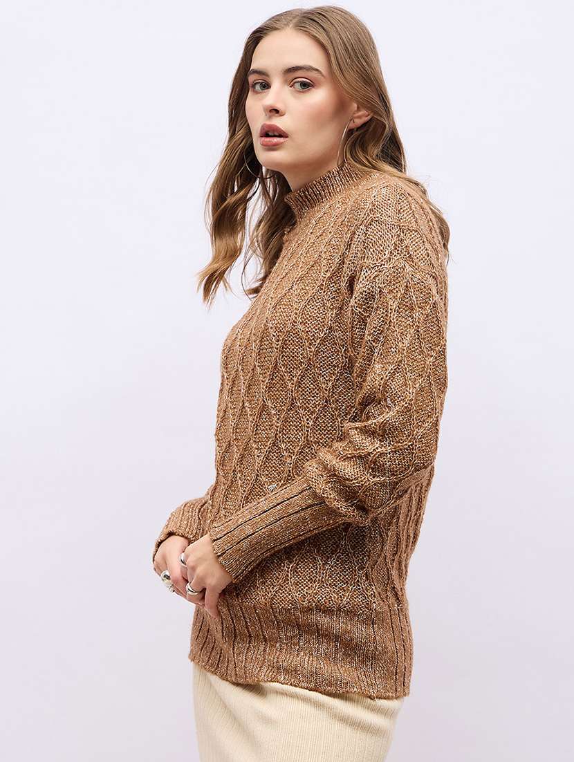 women brown self design long sleeve pullover - 21704018 -  Standard Image - 1