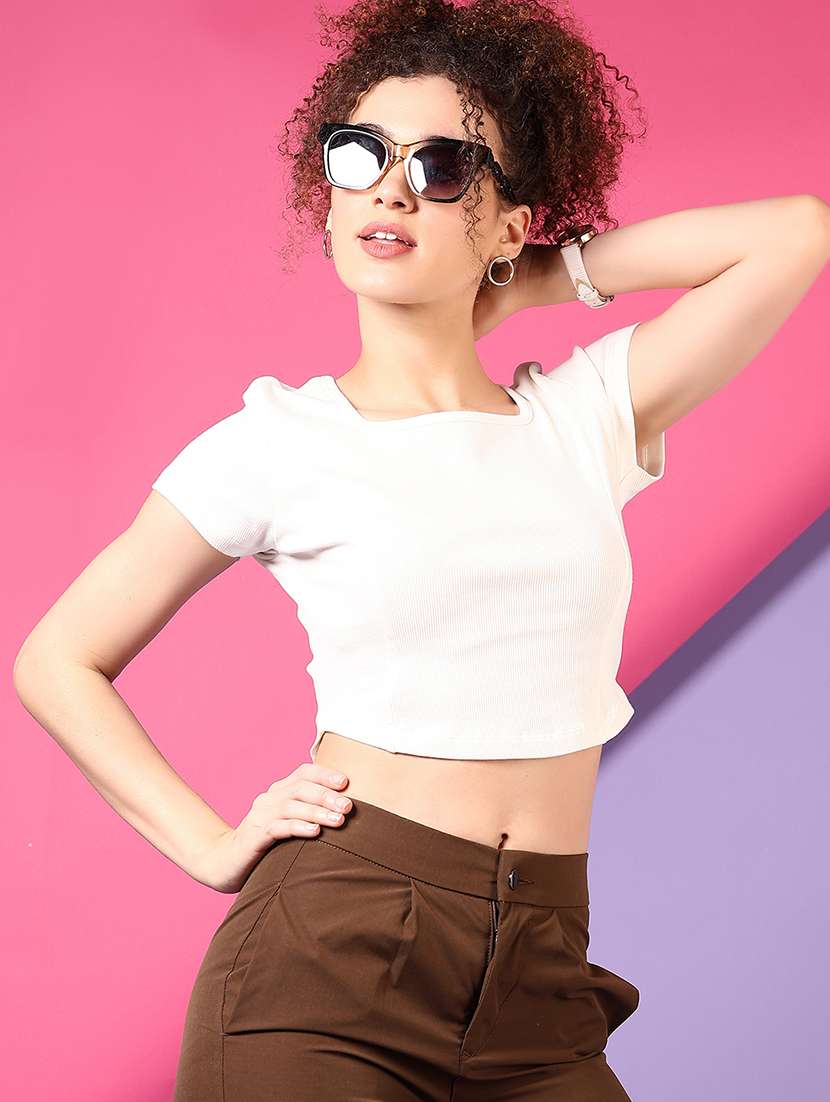 women solid short sleeves crop top - 21704101 -  Standard Image - 1