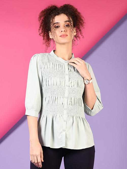 women solid smocked detailed a-line top - 21704145 -  Standard Image - 0