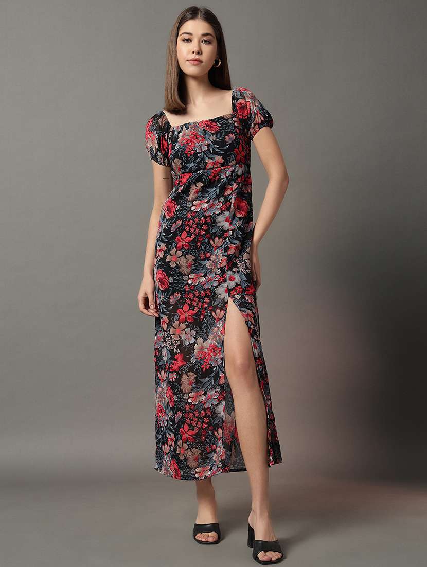 women floral print puff sleeves a-line dress