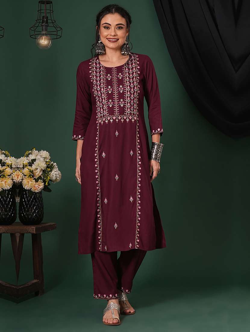 globus women purple embroidered yoke calf length straight kurta & pants ethnic set