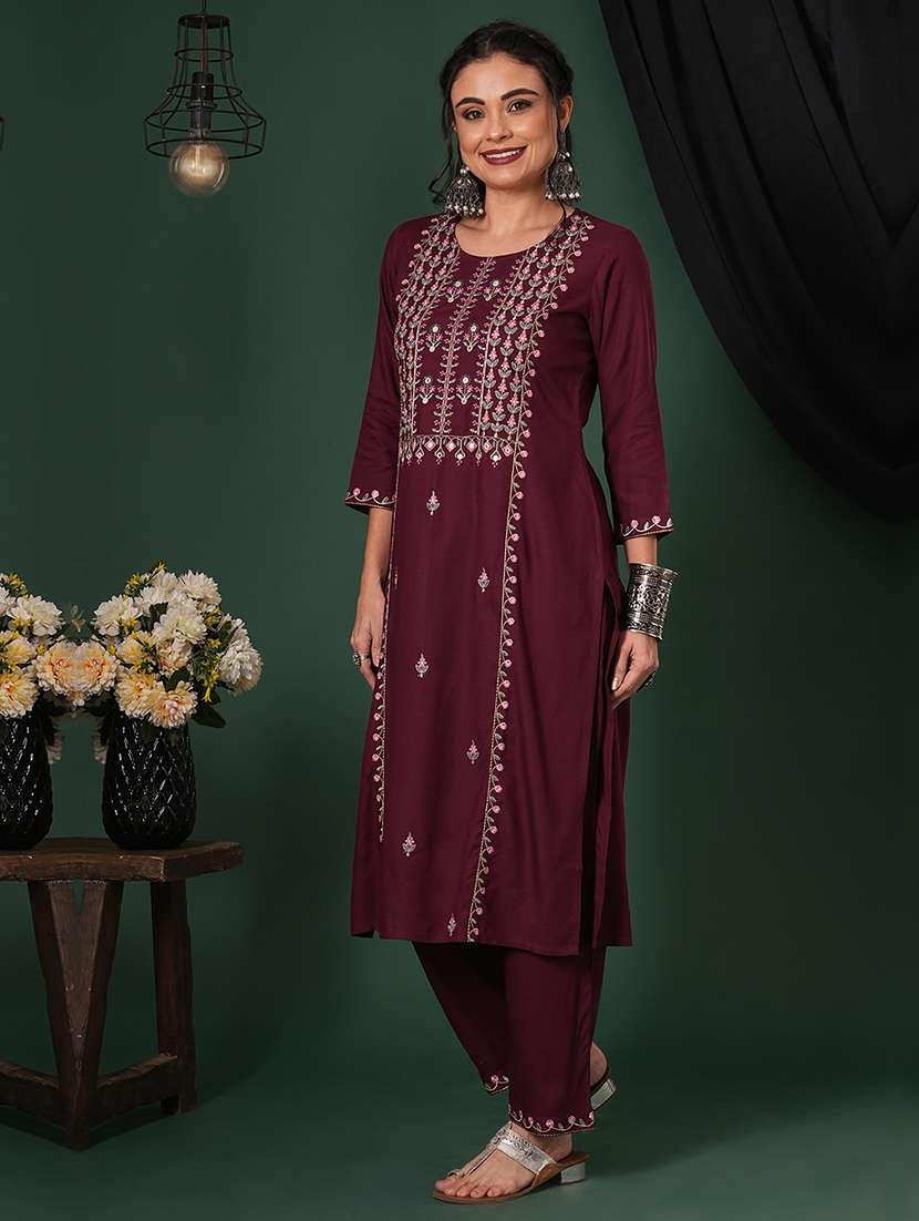 globus women purple embroidered yoke calf length straight kurta & pants ethnic set - 21704431 -  Standard Image - 1