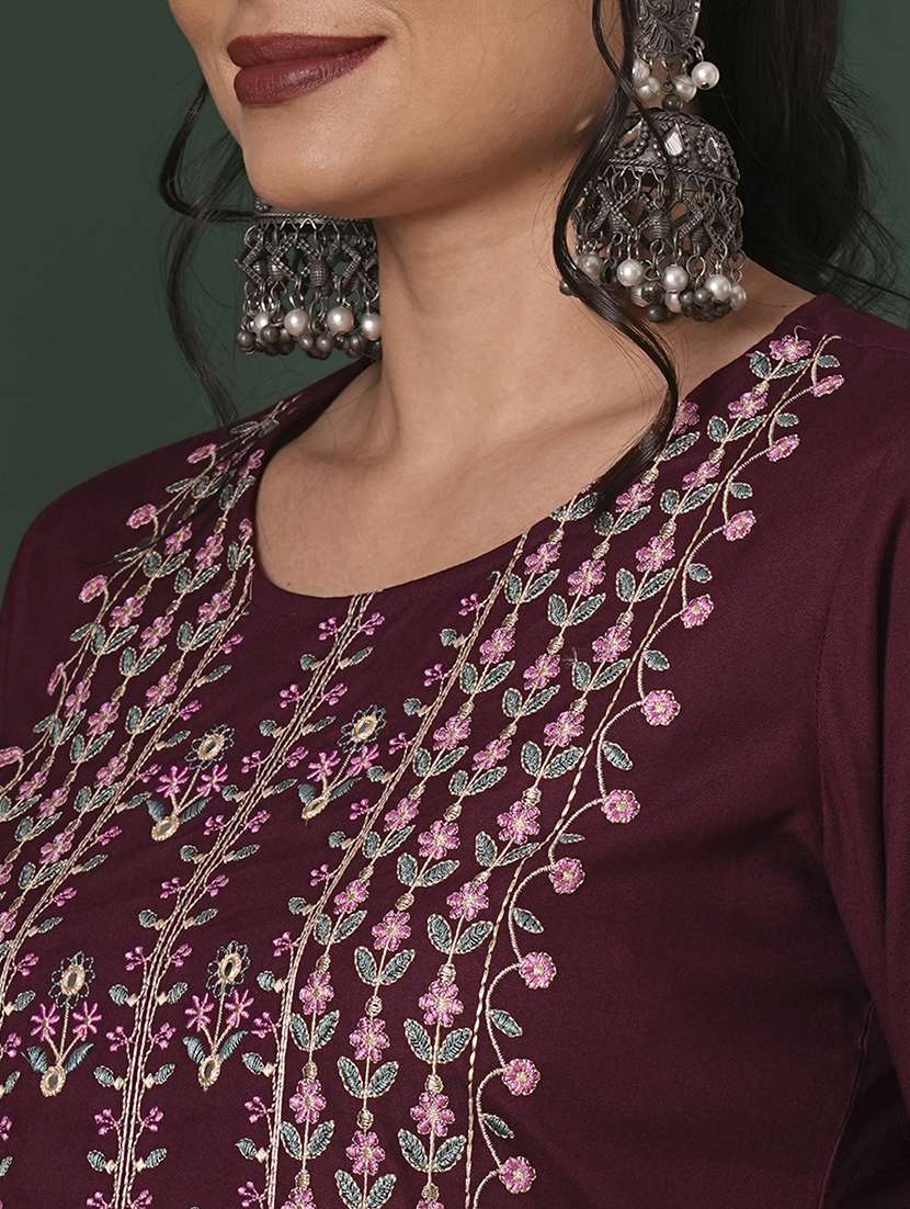 globus women purple embroidered yoke calf length straight kurta & pants ethnic set - 21704431 -  Standard Image - 4