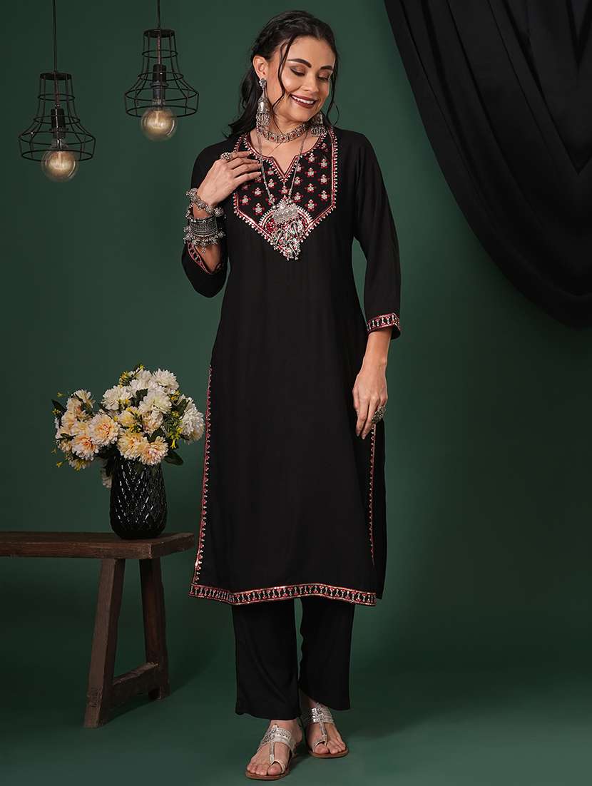 globus women black sequinned embroidered yoke calf length straight kurta & pants ethnic set