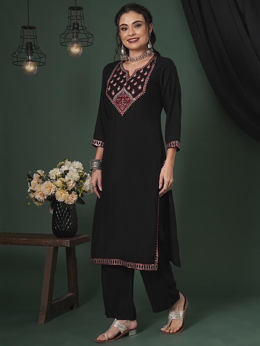 globus women black sequinned embroidered yoke calf length straight kurta & pants ethnic set - 21704432 -  Standard Image - 1