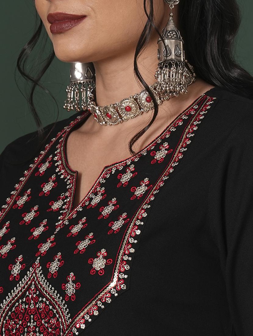 globus women black sequinned embroidered yoke calf length straight kurta & pants ethnic set - 21704432 - Standard Image - 4