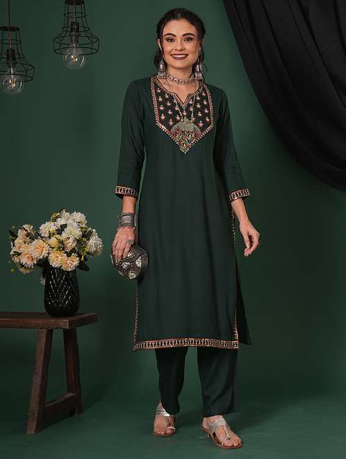 globus women teal sequinned embroidered yoke calf length straight kurta & pants ethnic set - 21704433 -  Standard Image - 0