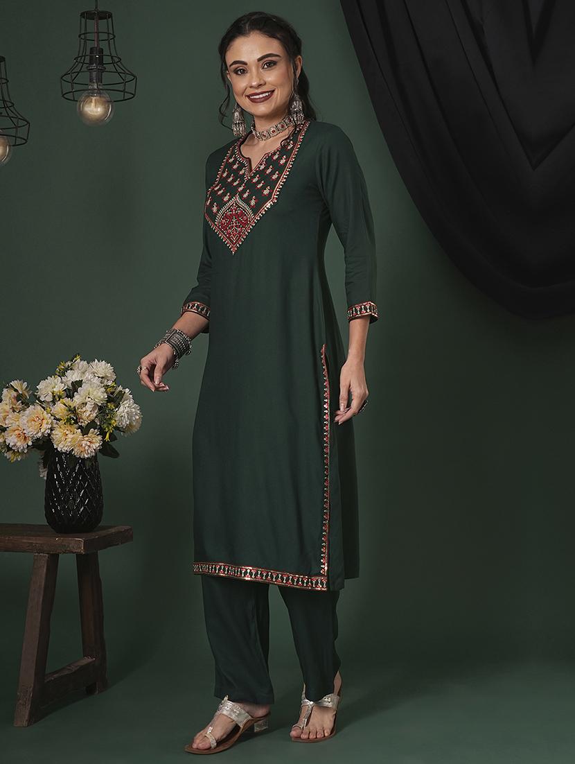 globus women teal sequinned embroidered yoke calf length straight kurta & pants ethnic set - 21704433 -  Standard Image - 1