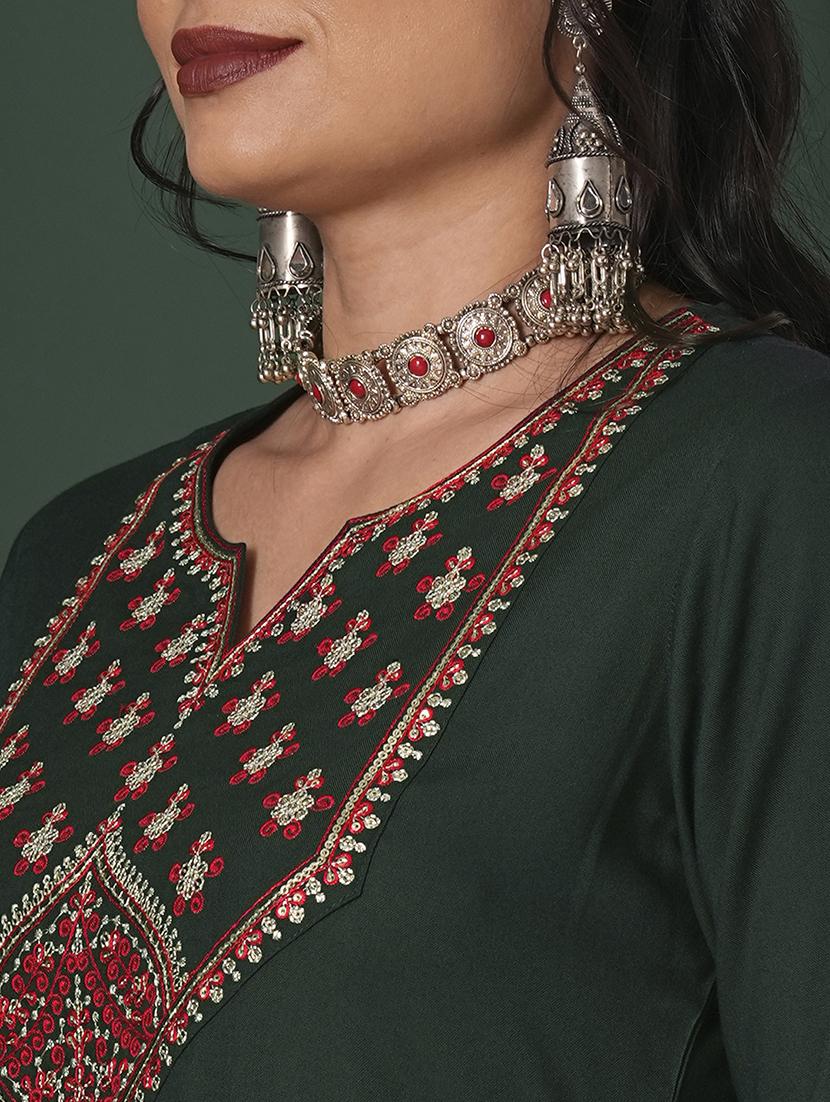 globus women teal sequinned embroidered yoke calf length straight kurta & pants ethnic set - 21704433 - Standard Image - 4