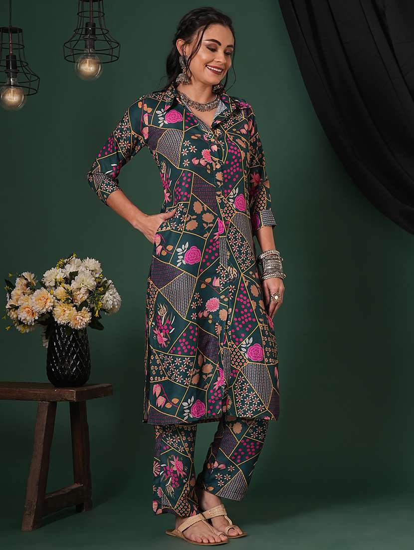 globus women green abstract printed shirt collar calf length straight kurta & pants fusion set