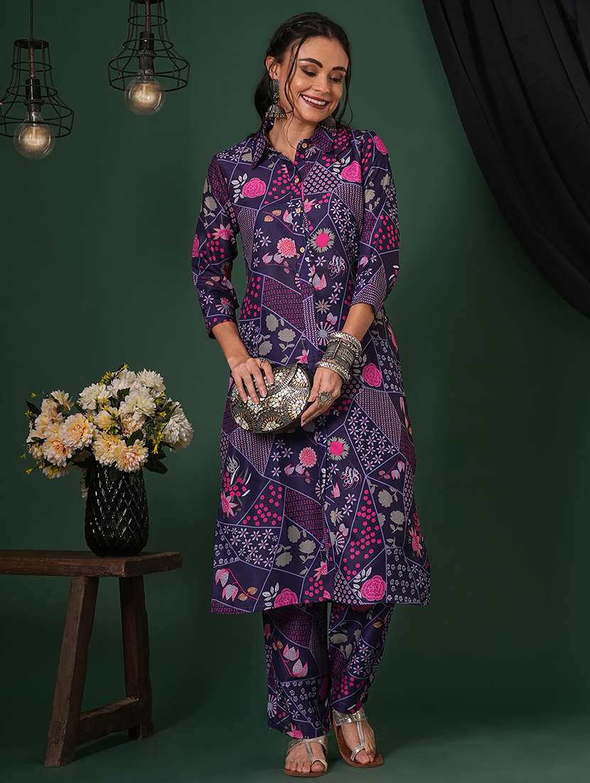 globus women purple abstract printed shirt collar calf length straight kurta & pants fusion set