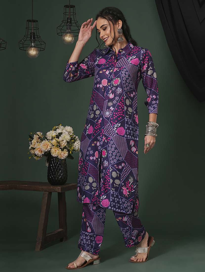 globus women purple abstract printed shirt collar calf length straight kurta & pants fusion set - 21704435 -  Standard Image - 1