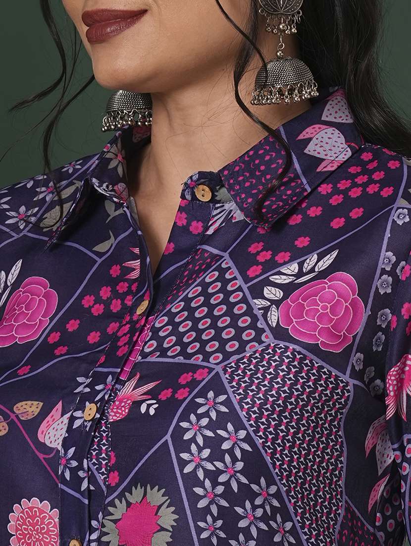globus women purple abstract printed shirt collar calf length straight kurta & pants fusion set - 21704435 -  Standard Image - 4