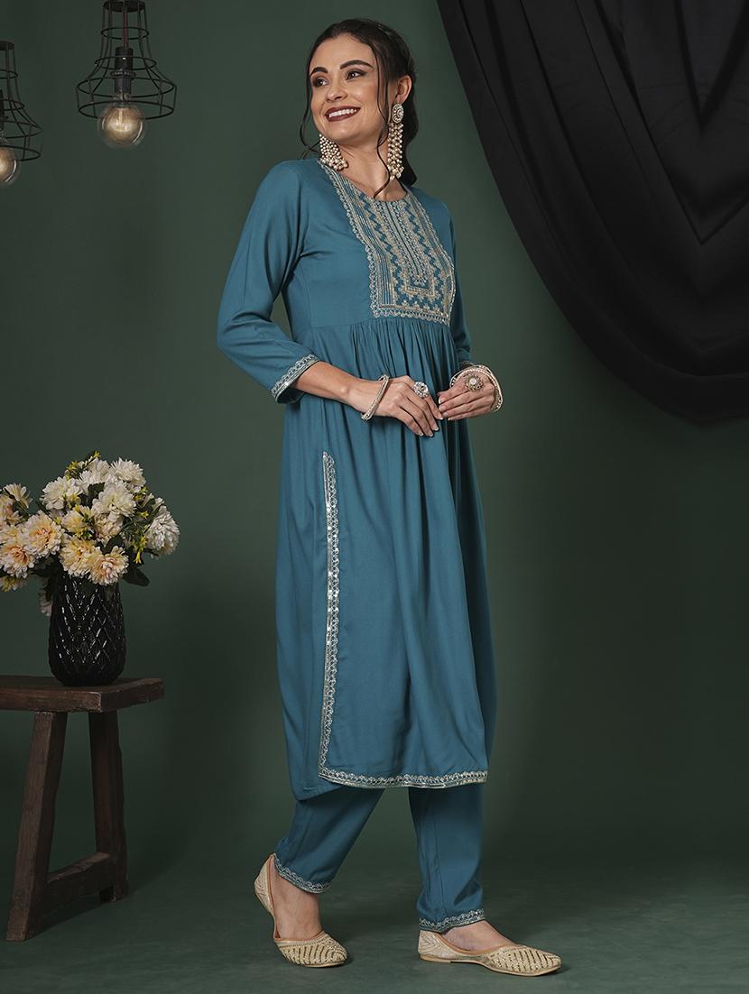 globus women teal zari & sequinned yoke gathered a-line kurta with straight pants festive set - 21704436 -  Standard Image - 1