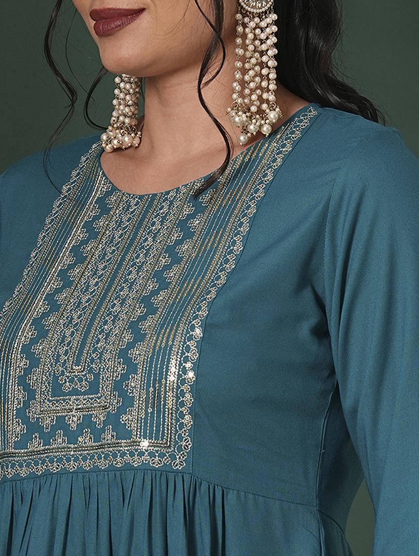 globus women teal zari & sequinned yoke gathered a-line kurta with straight pants festive set - 21704436 - Standard Image - 4