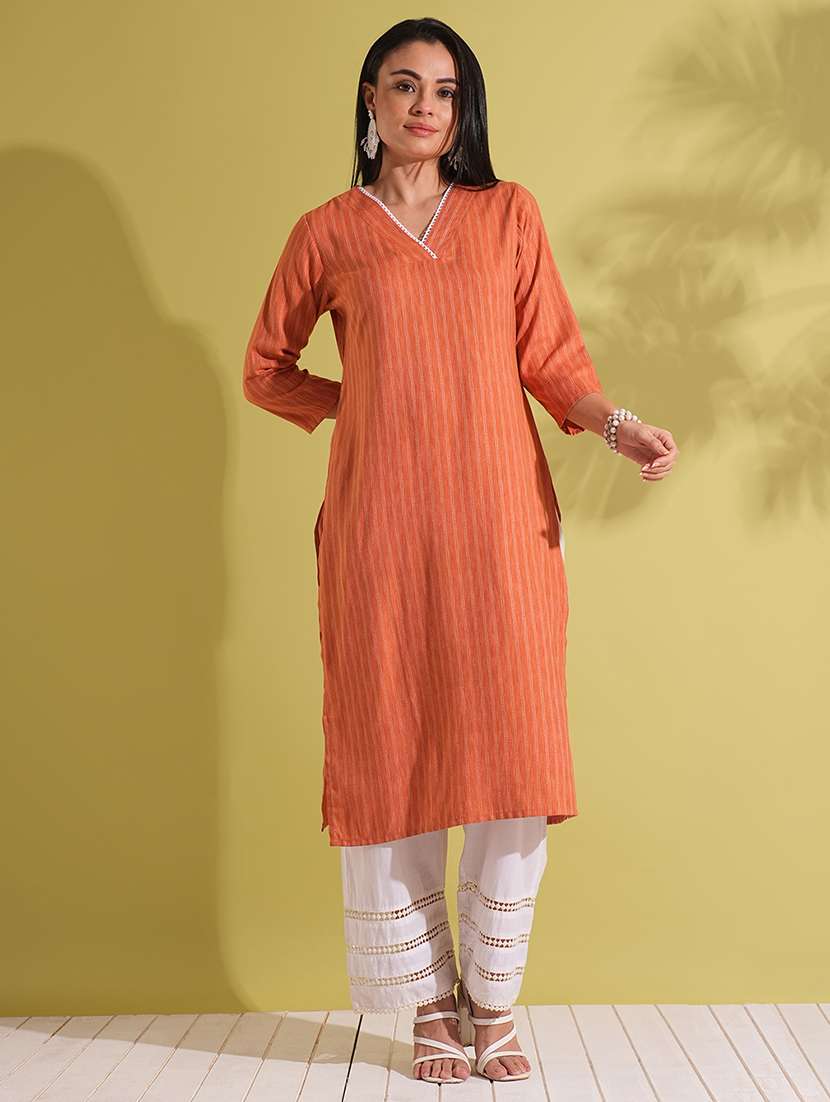 globus women rust lace insert v-neck striped woven design straight workwear kurta