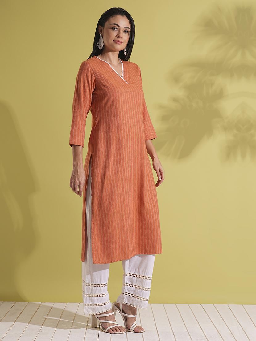 globus women rust lace insert v-neck striped woven design straight workwear kurta - 21704439 -  Standard Image - 1