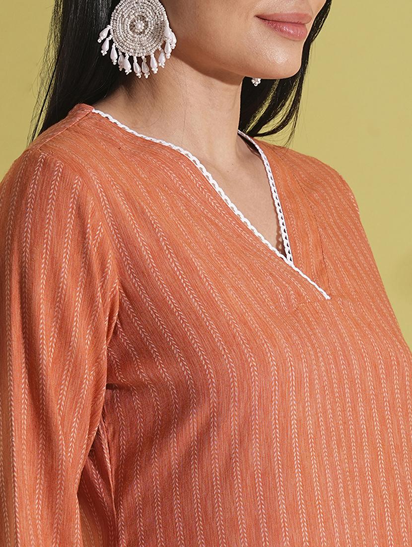 globus women rust lace insert v-neck striped woven design straight workwear kurta - 21704439 - Standard Image - 4