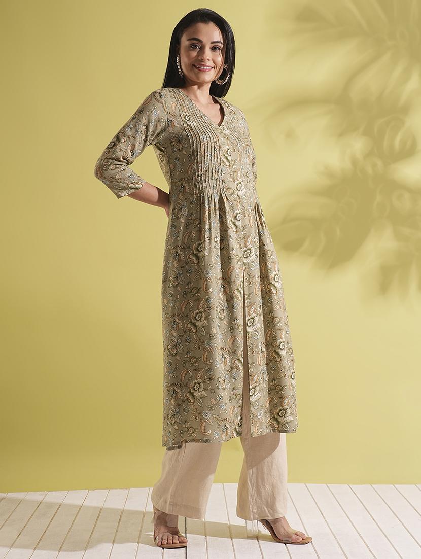 globus women green v-neck allover floral print front slit pleated a-line workwear kurta - 21704440 - Standard Image - 1